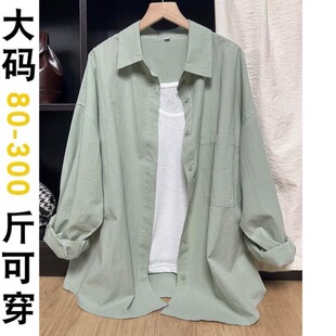 薄款 女夏季 翻领衬衣潮 300斤胖mm韩系chic别致豆绿色纯棉衬衫 大码