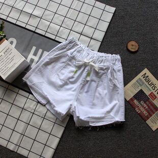 白色牛仔短裤女高腰阔腿裤宽松大码显瘦破洞流苏口袋松紧腰新款潮
