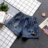 女松紧腰宽松阔腿裤 热裤 大码 牛仔短裤 显瘦韩版 破洞夏季 2024新款 潮