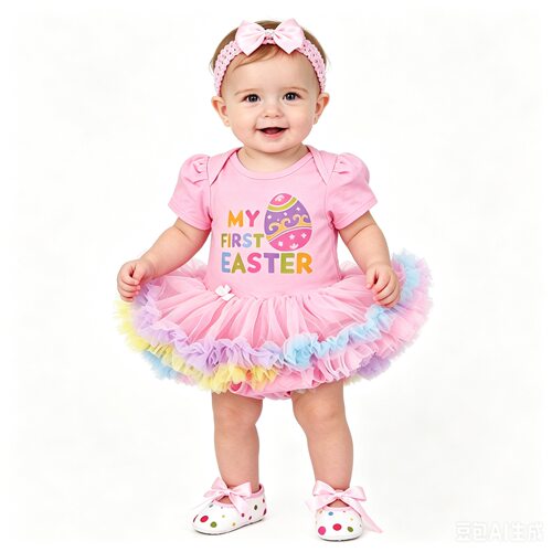 My First Easter婴儿包屁裙女宝宝复活节公主纱裙发带鞋子套装