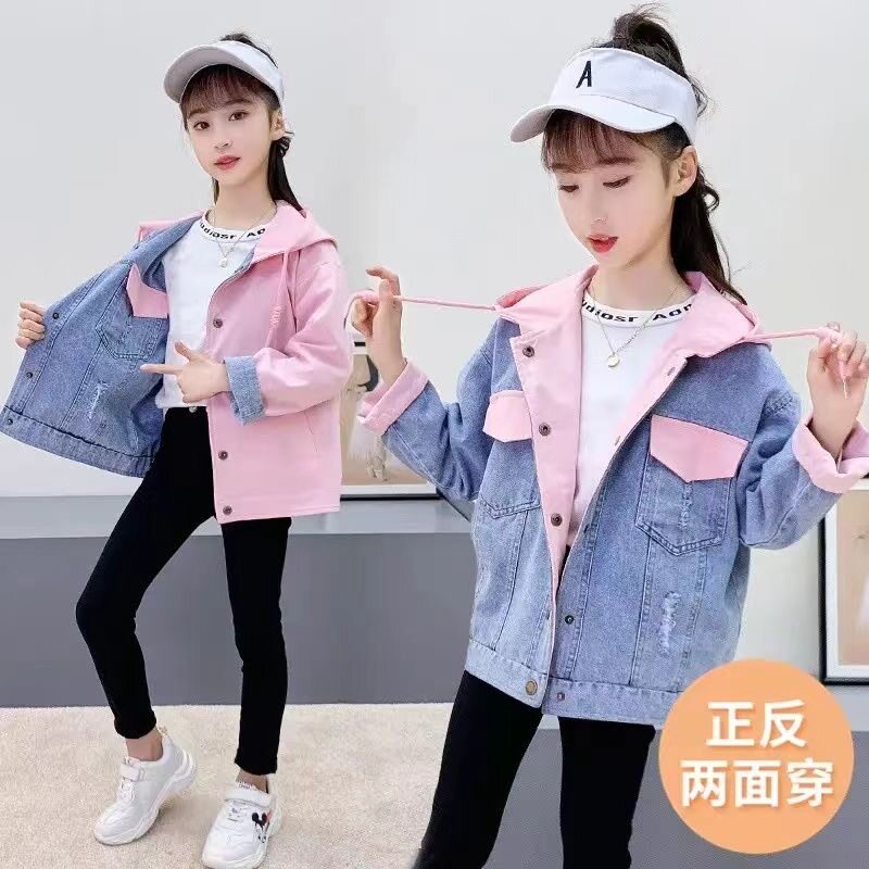 女童春装外套2026新款洋气儿童夹克两面穿网红时髦女孩牛仔上衣潮