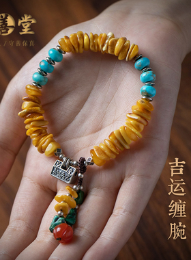 复古纯银手串平安锁蜜蜡手链