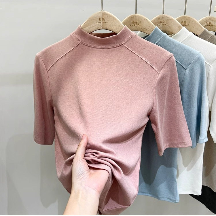 半高领中袖t恤女ins春秋新款洋气小立领五分袖韩系上衣半袖打底衫