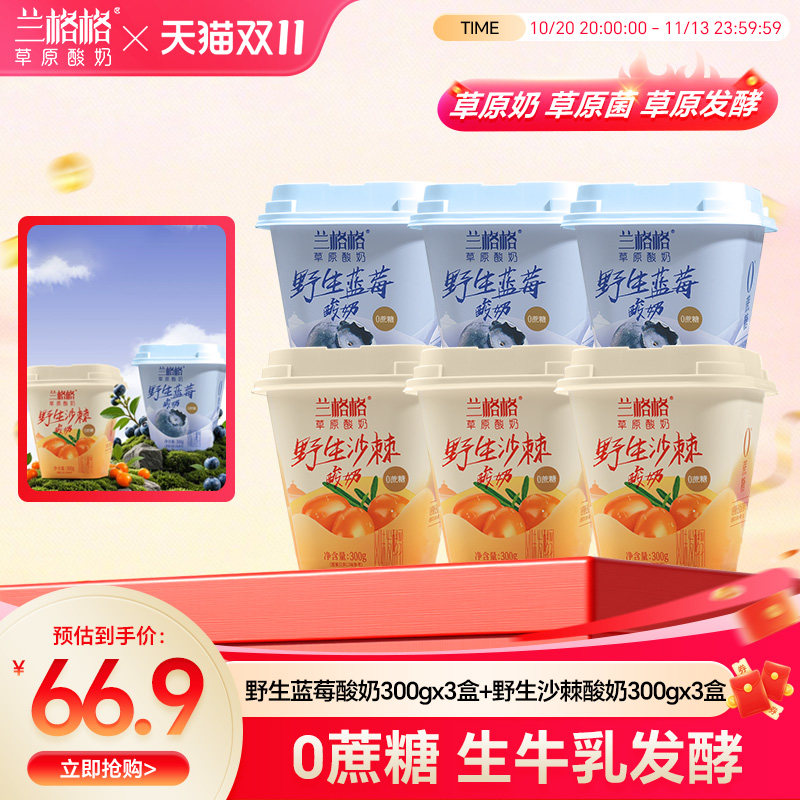 兰格格草原酸奶野生蓝莓味野生沙棘味300g杯0蔗糖低温酸奶组合装