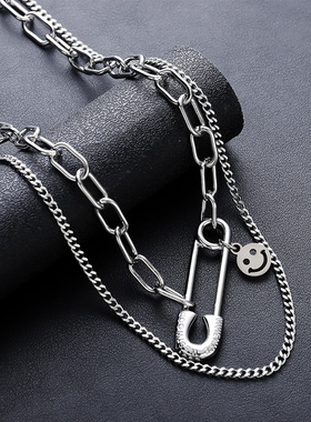钛钢不掉色笑脸别针双层项链