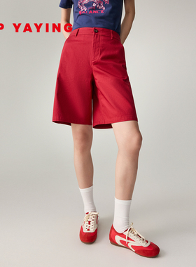EP雅莹2026春夏新款女装 弹力舒适棉宽松红色五分短裤爸爸裤6703A