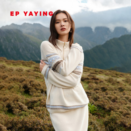 EP雅莹2025新款女装 牦牛绒羊绒羊毛混纺民族几何提花毛衣