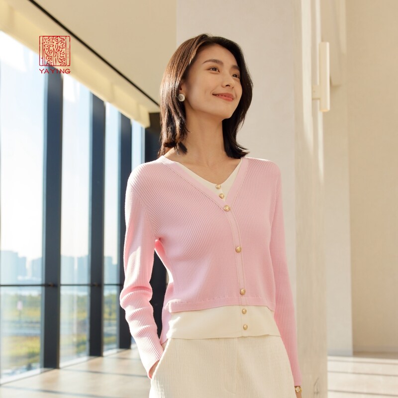 EP雅莹高端系列 美利奴羊毛V领假两件针织衫 2024早春新款9507A