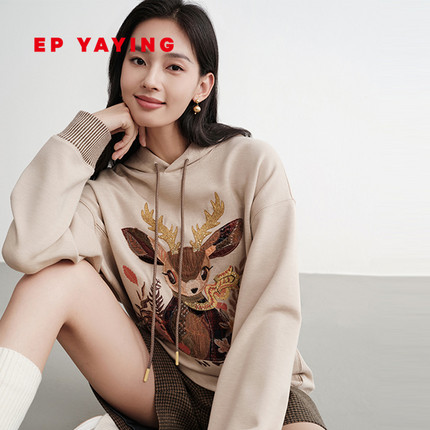 [可机洗羊毛]EP雅莹2025冬装新款 贴布绣休闲宽松卫衣上衣5203A