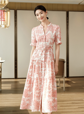 EP雅莹高端系列 桑蚕丝印花收腰粉色连衣裙 2025新款4628A