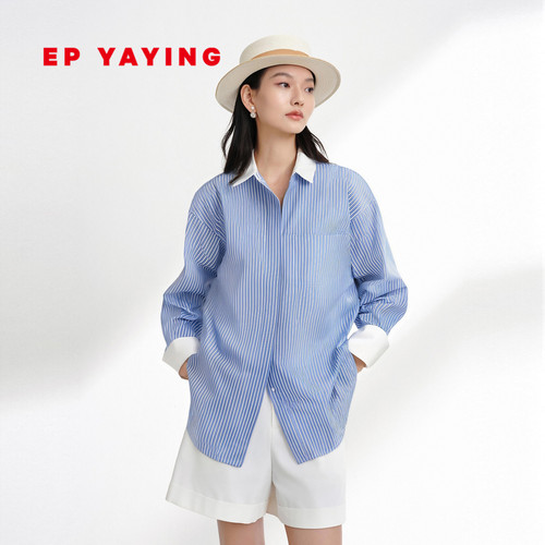 EP雅莹直身文艺单排多扣条纹衬衫