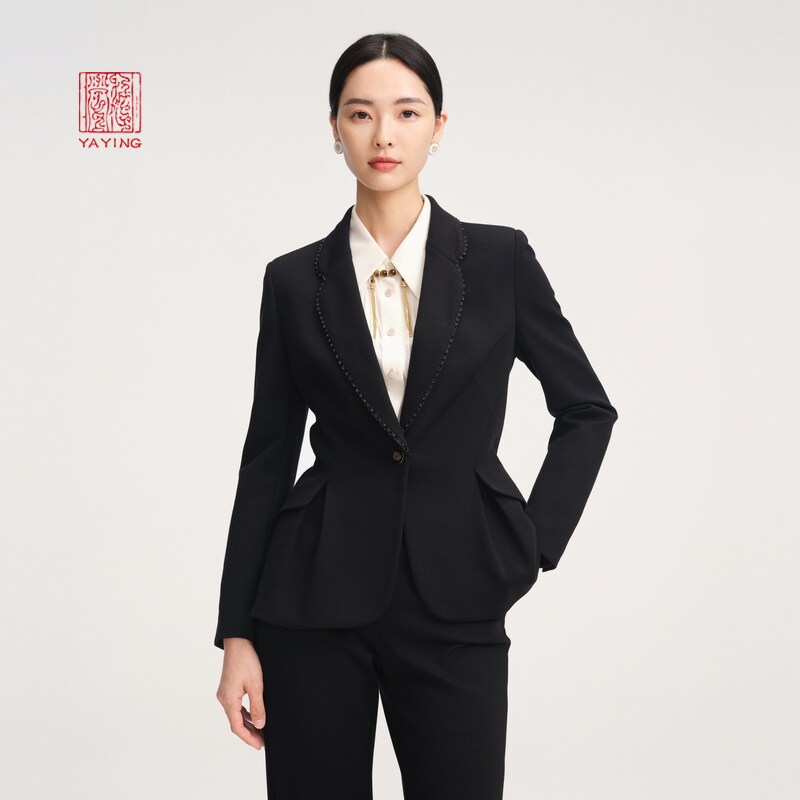 EP雅莹高端系列 气质绵羊毛黑色收腰西装外套 商场同款1107B