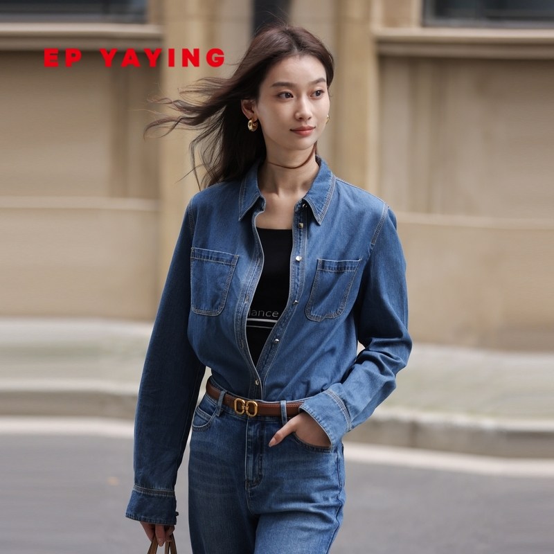 EP雅莹国风 纯棉复古蓝色oversize牛仔衬衫 2024早春新品J299Z