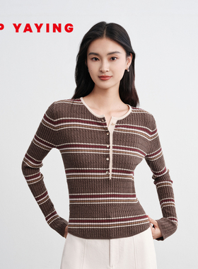 EP雅莹女装 牦牛绒羊毛绢丝条纹提花修身针织衫2025冬装新款9503A