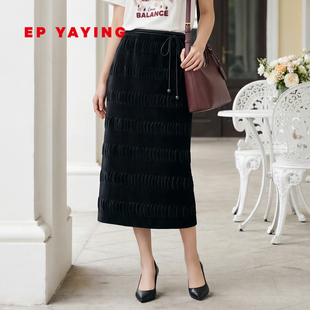 3515A 商场同款 EP雅莹蓝标系列 丝绒水波纹黑色褶艺半身裙