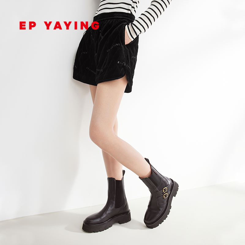 EP雅莹女装 松紧高腰印花丝绒棉花苞短裤 2023秋冬新款M601A