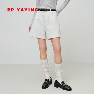 J620A 2025新款 EP雅莹女装 弹力棉质简约白色A摆直筒牛仔短裤