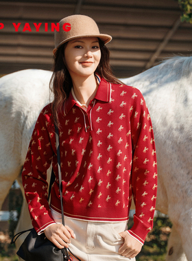 [新年系列]EP雅莹2026新款女装 羊毛翻领红色圣诞套头针织衫9566A