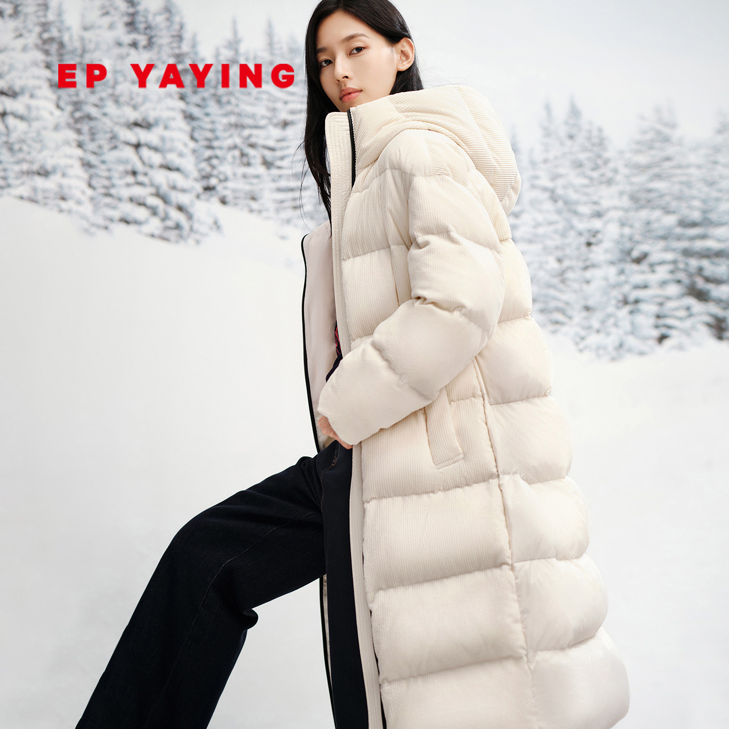 雅莹灯芯绒中长款连帽羽绒服外套