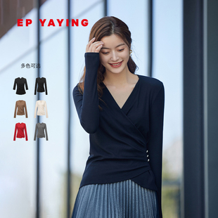 商场同款 EP雅莹女装 黑色打底衫 收腰瘦瘦衫 5599Z掐腰 V领围裹式