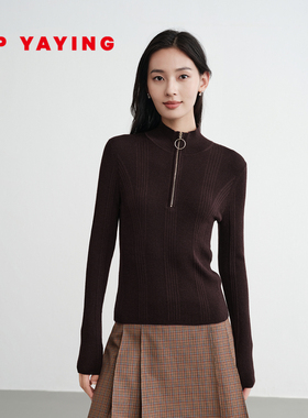 EP雅莹2025秋冬新品 100绵羊毛设计感修身半高领拉链针织衫