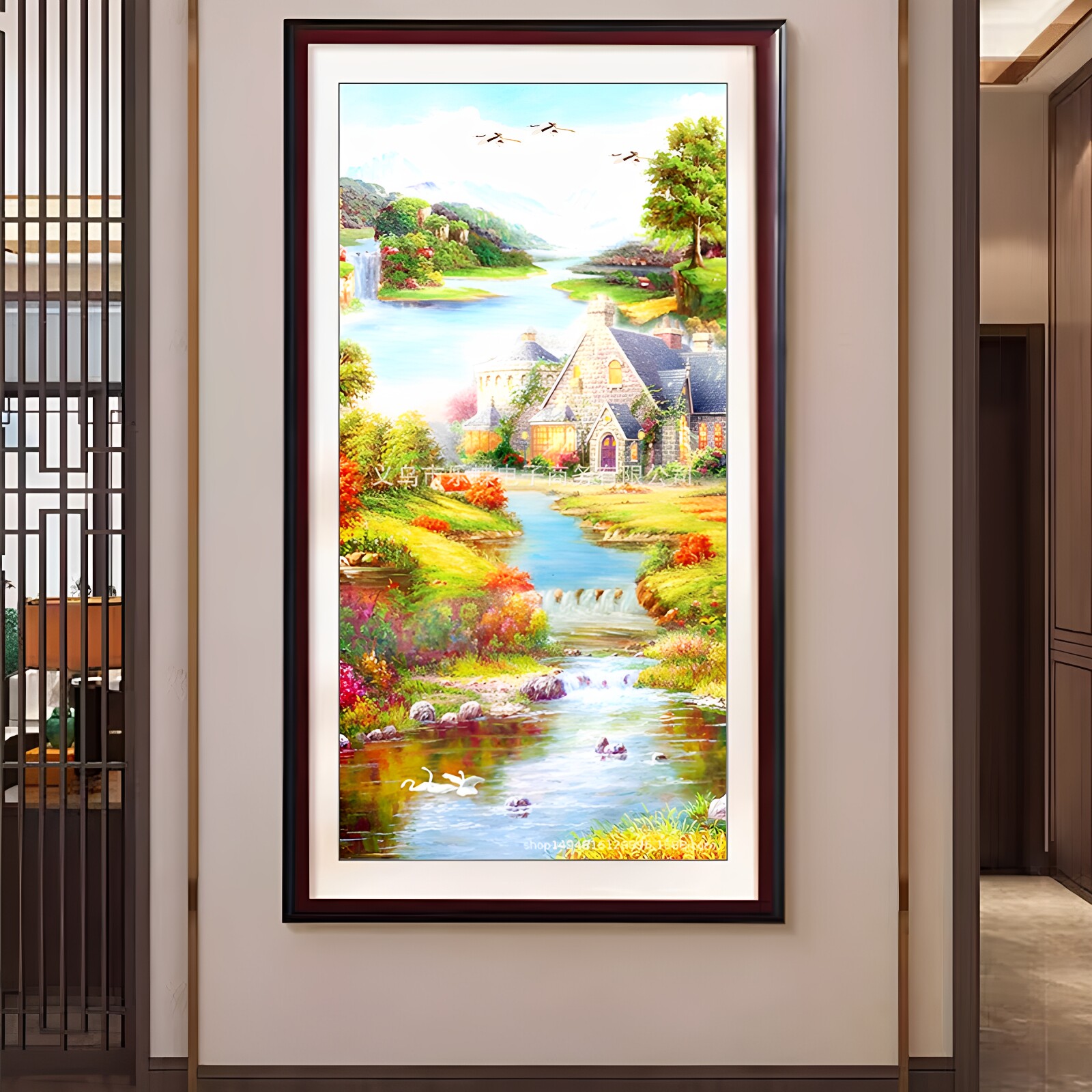 自己绣流水生财钻石画满钻竖版玄关过道走廊客厅新款招财山水风景