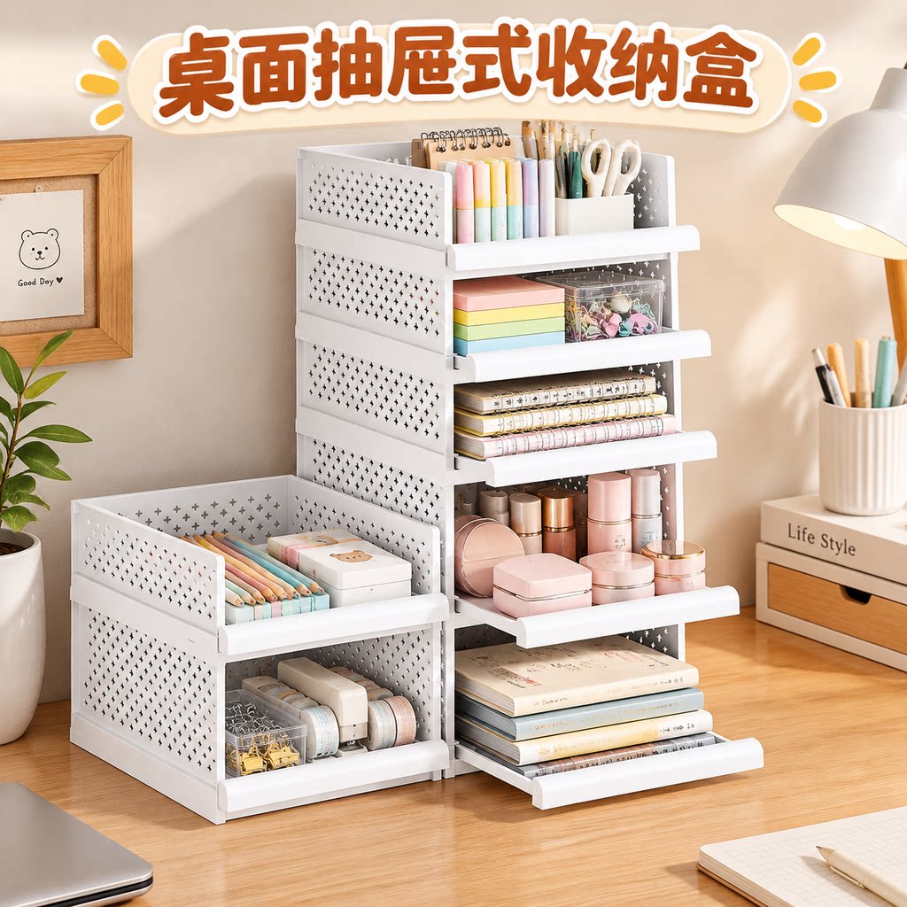桌面抽屉式收纳盒大容量台面杂物文具置物架化妆品多层整理储物盒