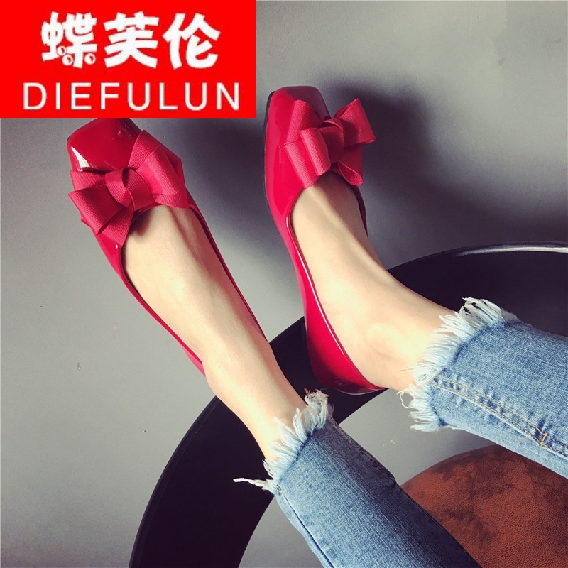 蝶芙伦欧美2018新款漆皮方头浅口瓢鞋女平底鞋蝴蝶结红色婚鞋女舒