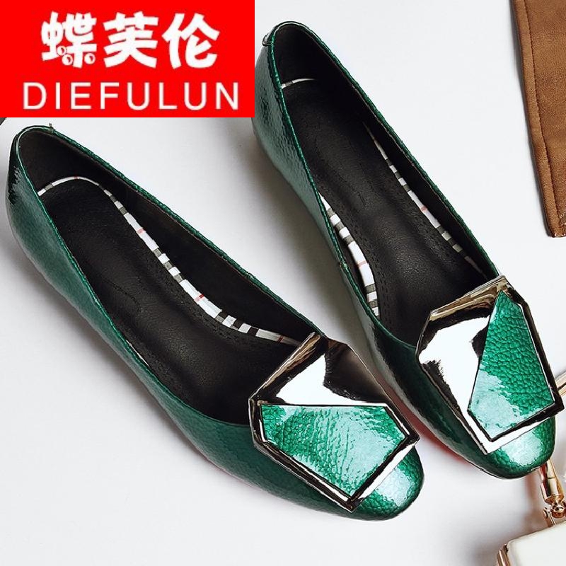 DFULUN夏季欧美时尚夏夏季圆头方扣浅口四季单鞋平底低跟方根真皮