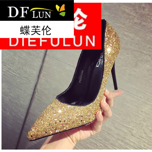 女鞋夏18新款10厘米超高跟鞋bling闪亮片金色细跟单鞋 夏季女鞋尖