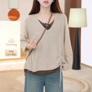 胖mmV领套头百搭长袖 假两件撞色针织衫 大码 新款 上衣 女2025年秋季