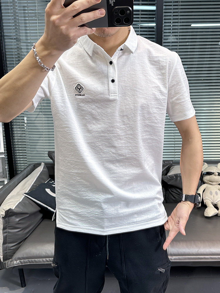 2025 SUMMER NEW TENCEL COTTON LINEN SHORT SLEEVE T-SHIRT MENS POLO EMBROIDERY QUICK-DRYING GREEN LINEN COLLARED SLIM TIDE