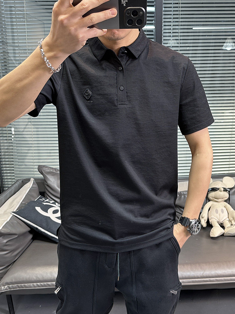 2025 SUMMER NEW TENCEL COTTON LINEN SHORT SLEEVE T-SHIRT MENS POLO EMBROIDERY QUICK-DRYING GREEN LINEN COLLARED SLIM TIDE