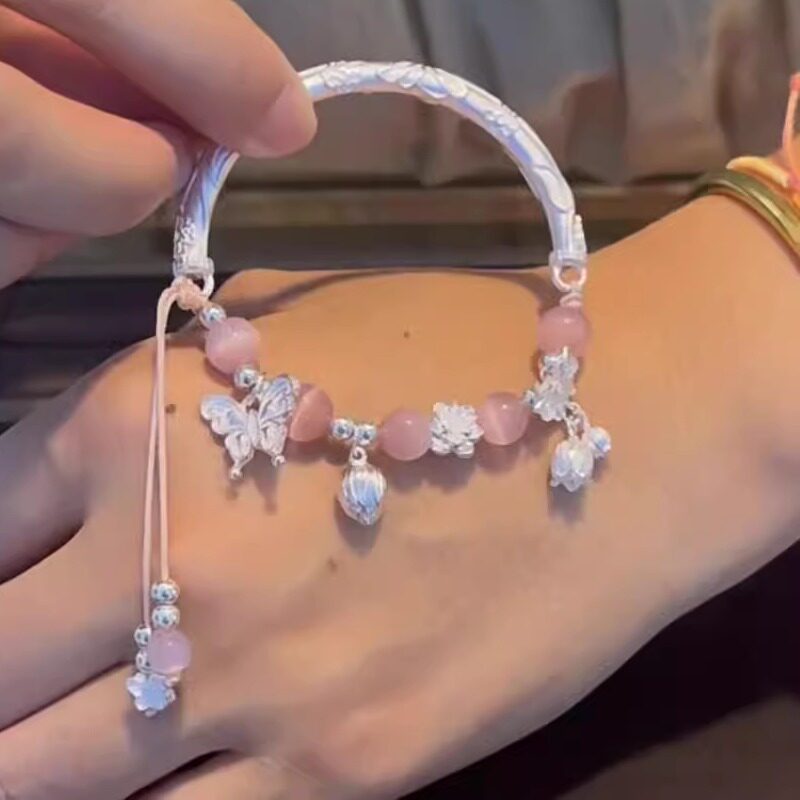 足银999国风蝴蝶铃兰花半镯手链纯银竹节莲花编织银手镯手绳礼物