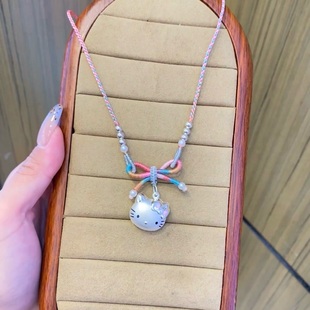 足银999猫头纯银kitty猫蝴蝶结编绳凯蒂猫纯银项链吊坠送女友礼物