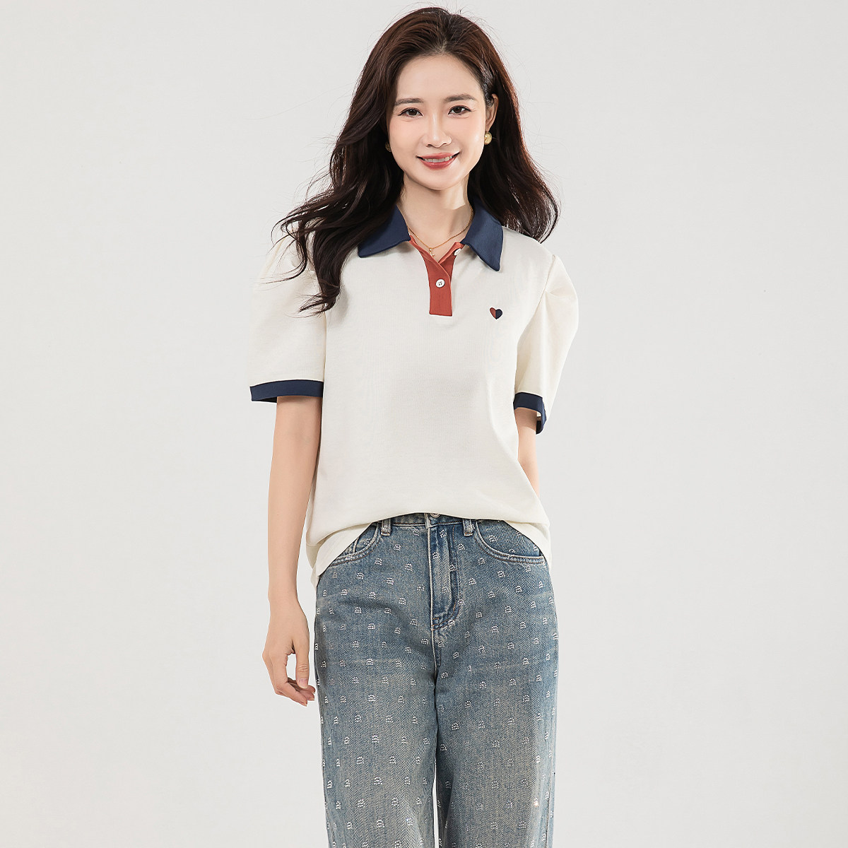 夏季POLO领撞色短袖T恤女显瘦
