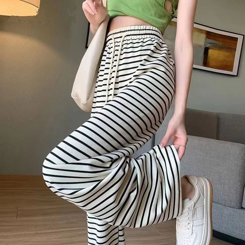 大码冰丝胖MM阔腿裤女夏季新款条纹高腰宽松百搭显瘦休闲直筒裤潮