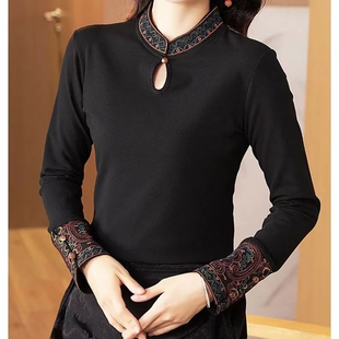 国潮风刺绣加绒立领T恤秋冬款中式禅意打底长袖文艺复古保暖上衣