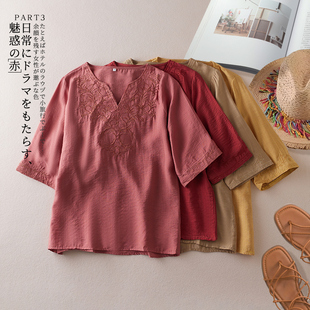 中年妈妈重工刺绣棉衬衫女2024夏季宽松大码遮肚显瘦套头衫棉上衣