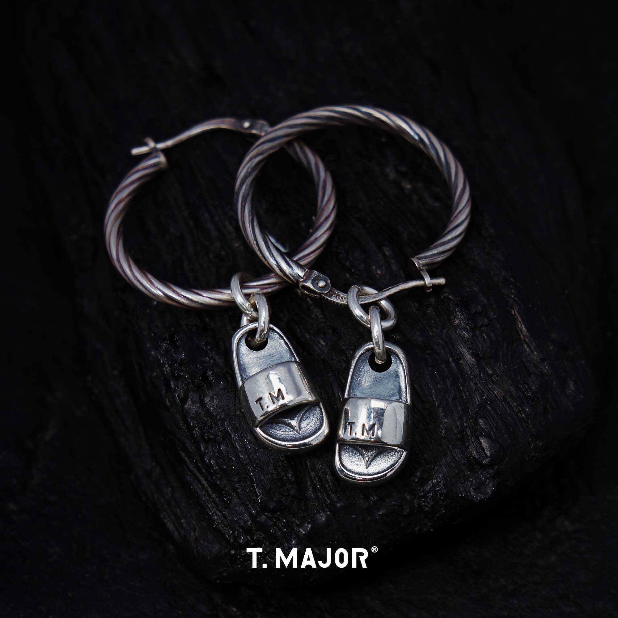 T.MAJOR 机能系列 纯银对称小拖鞋重工圆环耳环