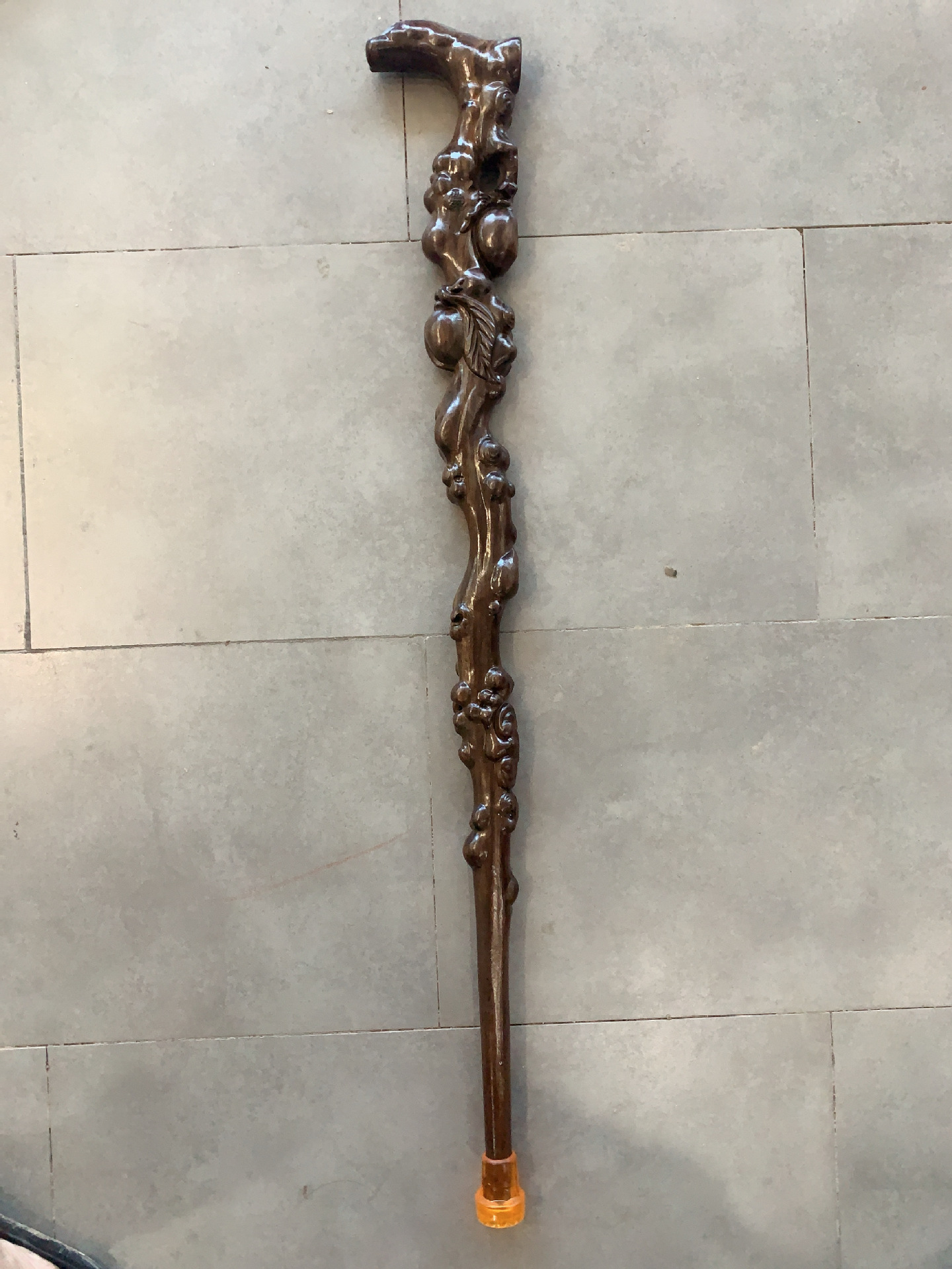 黑檀木拐杖整木一体雕刻寿桃拐杖老人手杖鸡翅木礼拐杖景区