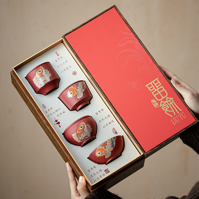 年年有余茶杯套组红色喜庆新年陶瓷主人杯品茗杯四杯套装礼品