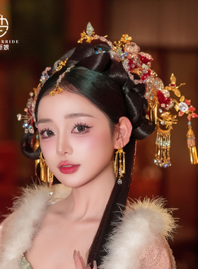 新款金红色秀禾圣女冠新娘头饰造液花凤钗龙凤褂汉服发饰眉心坠