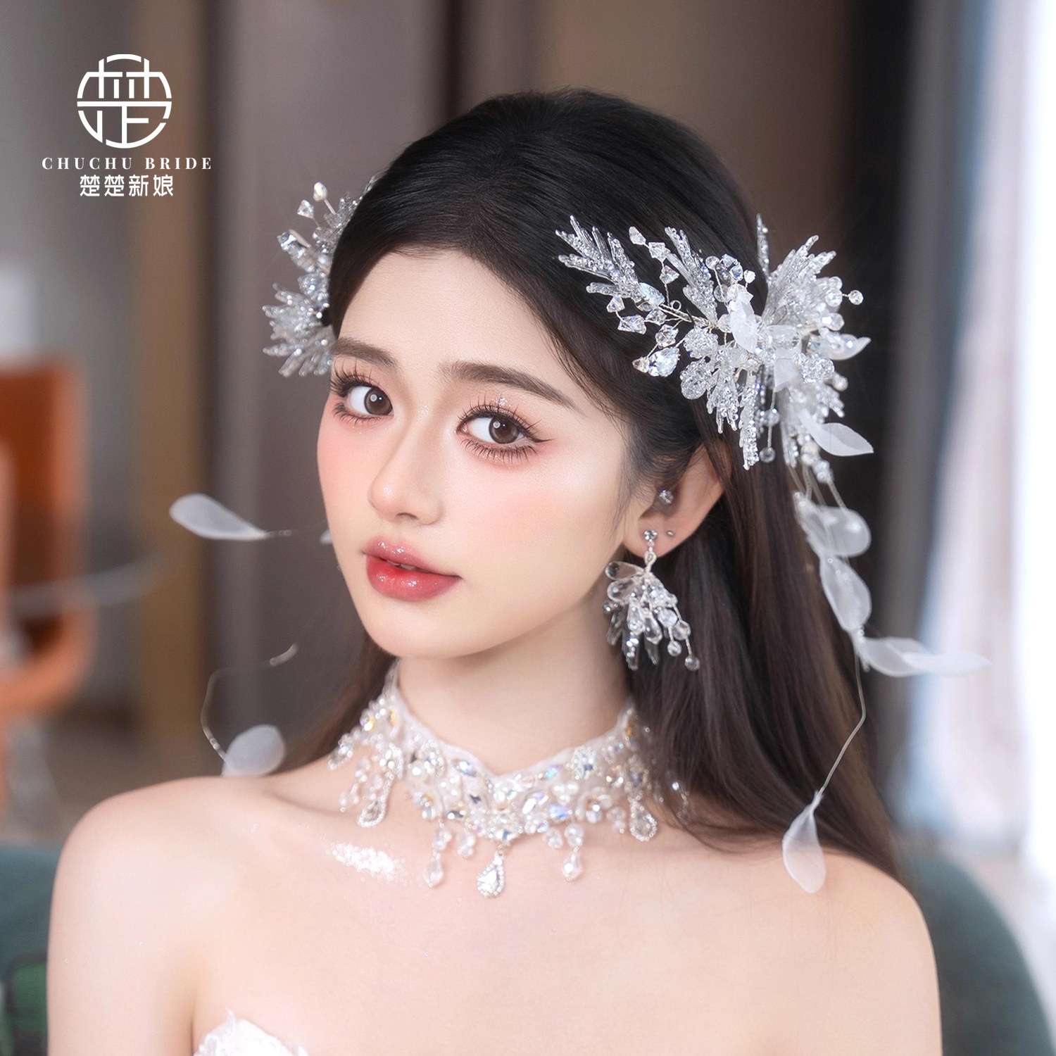 2025新款森系超仙水晶发饰韩系礼服婚纱气质头花结婚新娘头饰