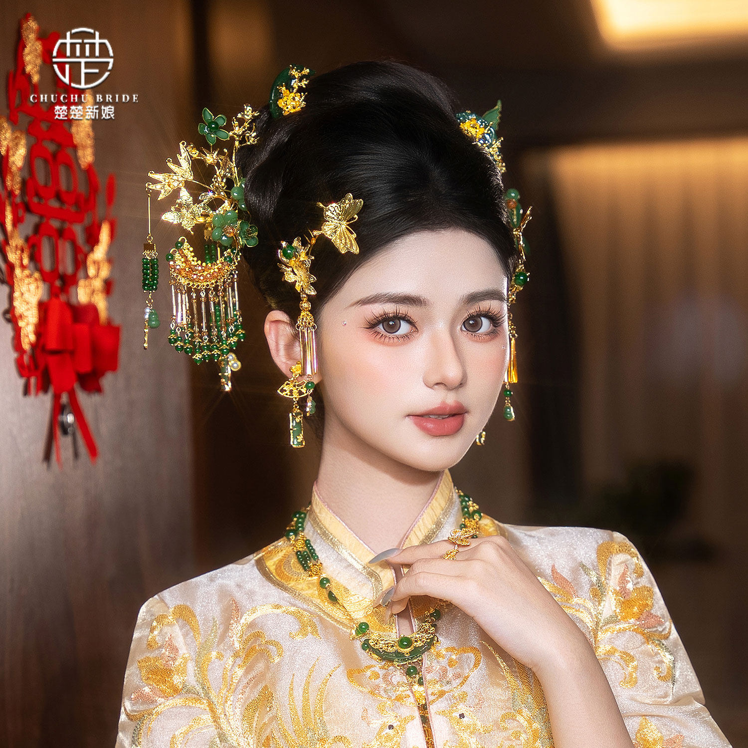 中式新娘饰品金色龙凤褂头饰古风结婚发饰秀禾服配饰金绿撞色凤钗