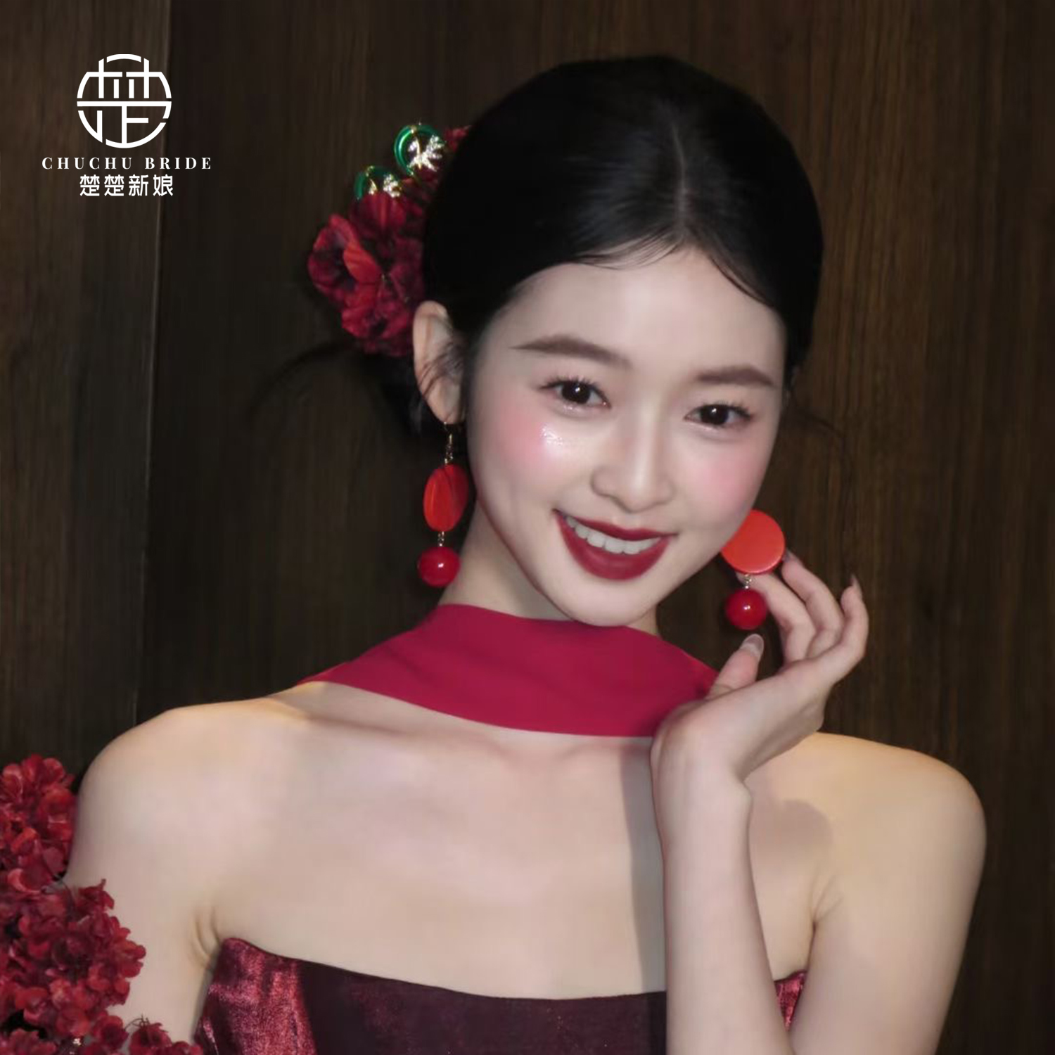 新中式新娘头饰仿真花朵龙凤褂造型中式敬酒服结婚晨袍秀禾配饰品