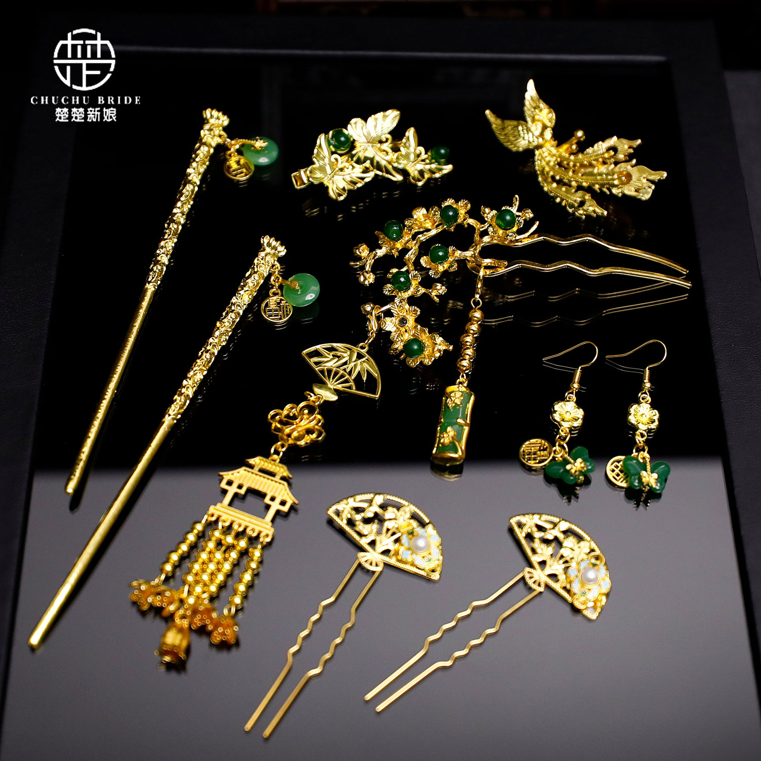 新中式金绿发簪新娘秀禾服龙凤褂造型凤簪流苏发钗精致简约发饰品
