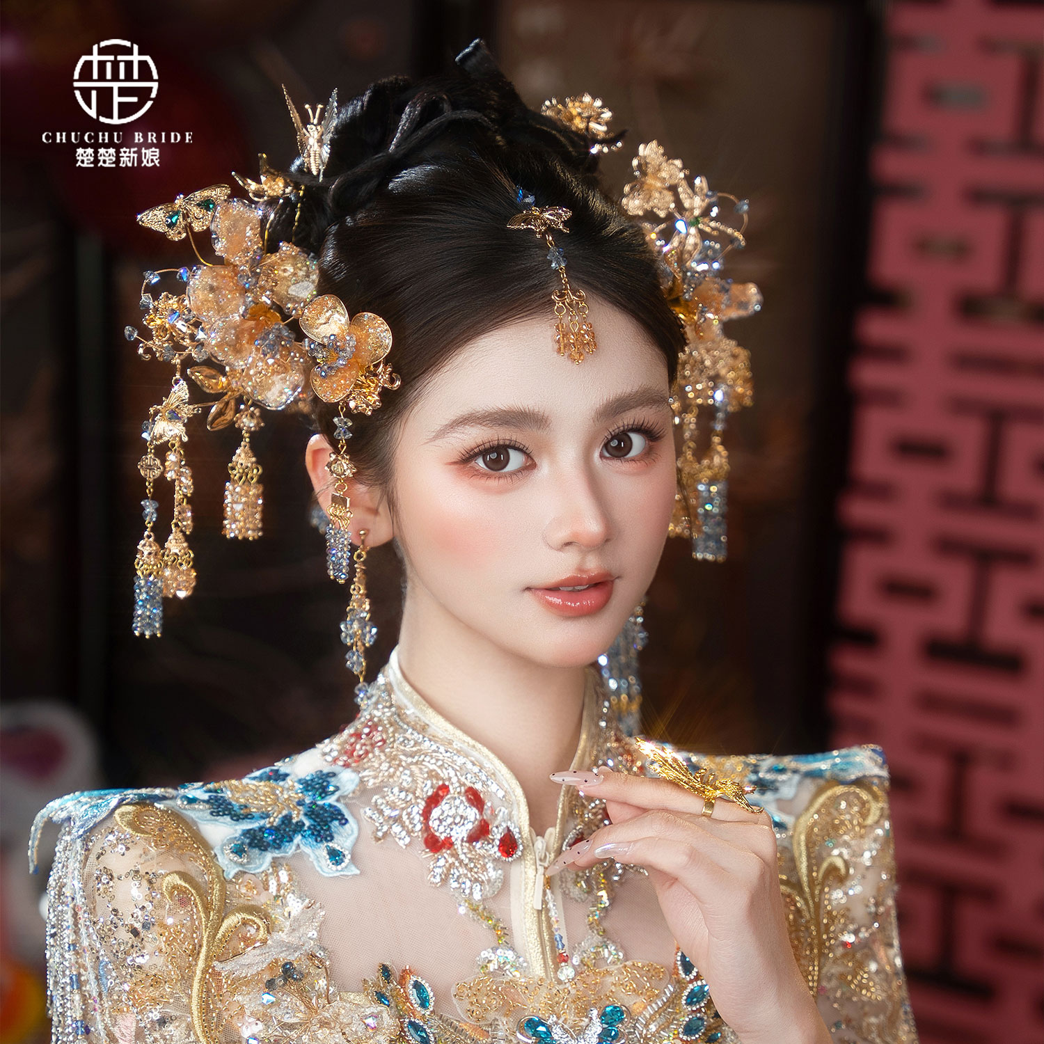 中式新娘水凝花钗汉服婚礼头饰