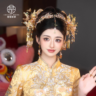 新款中式手工水晶凤钗金色古装秀禾发饰传统婚礼新娘汉服头饰品