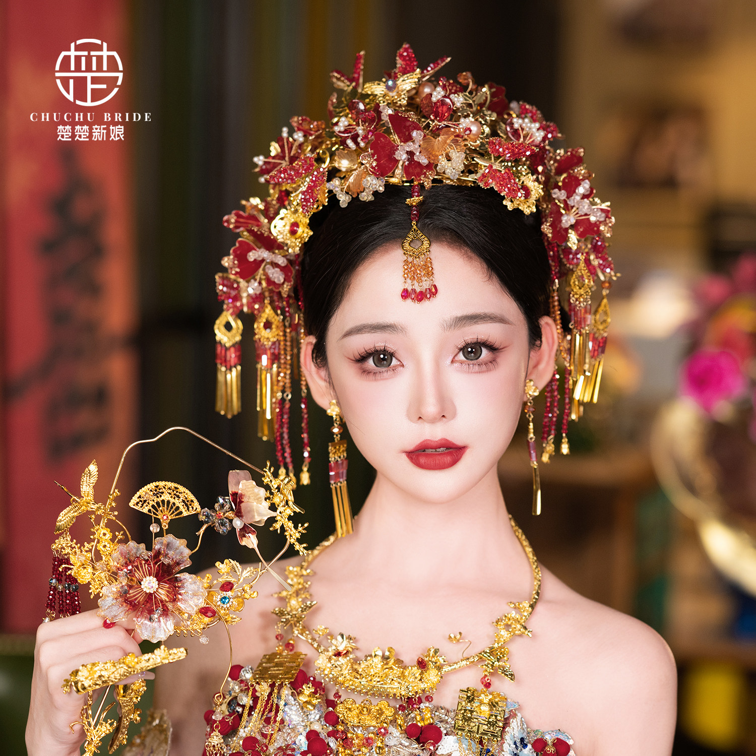 楚楚新娘头饰金红色凤冠流苏